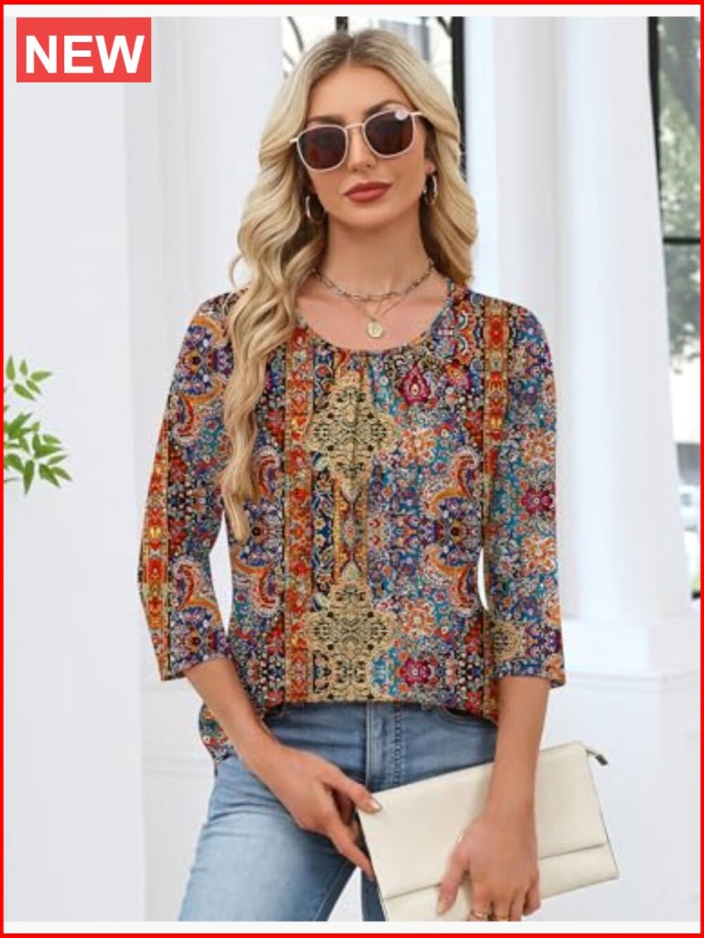 3/4 Length Sleeve Tunic Blouse Crew Neck Loose Fit Summer Casual Top - Picture 3 of 6